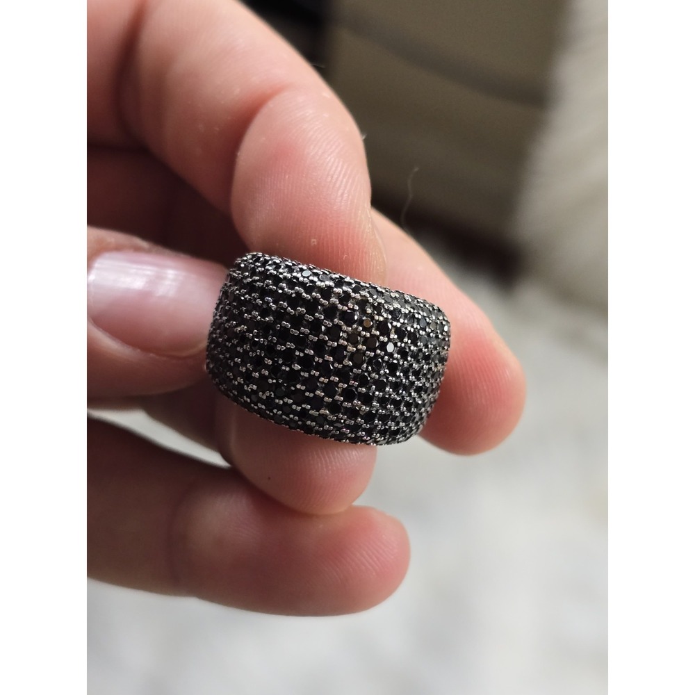 Super Nice 925 Sterling Silver Pave Set Black Onyx Wide Band Accents Ring Size 7